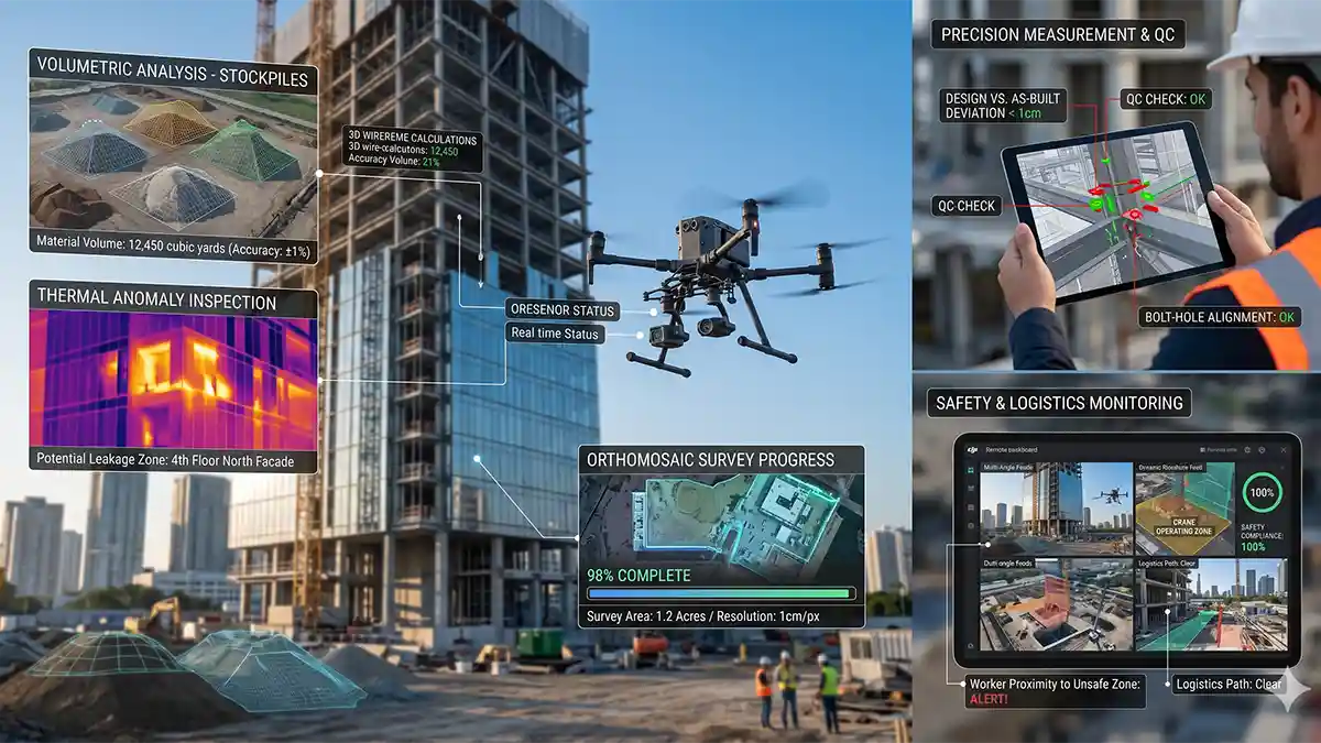 Sprawling commercial construction project visual documenting progress, golden hour aerial visual