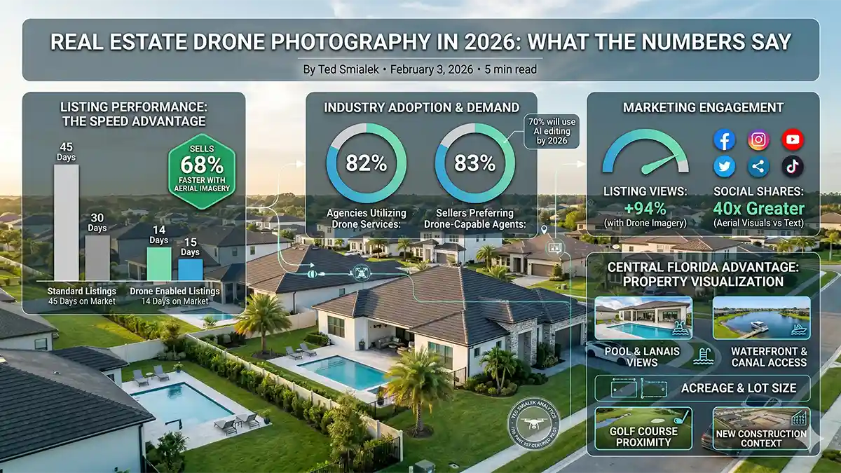 Sprawling master-planned HOA community with pools and lakes, expansive golden hour panoramic in Central Florida