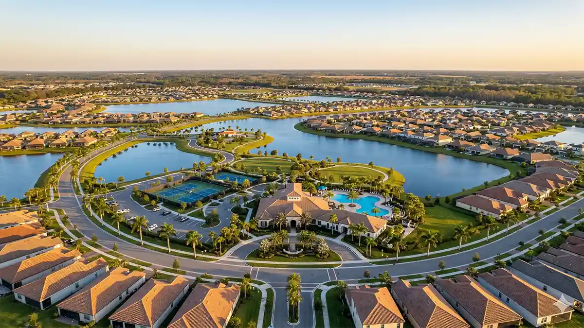 Sprawling master-planned HOA community with pools and lakes, expansive golden hour panoramic in Central Florida