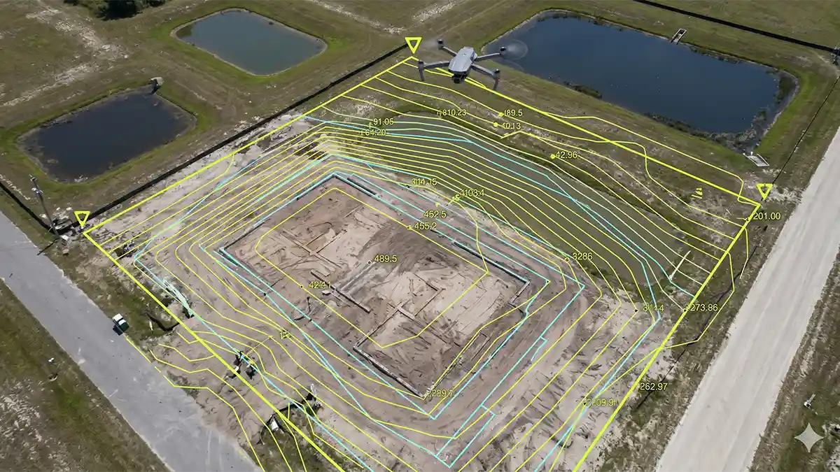 Orthomosaic technical data overlay on aerial photo, precise geometric contour visualization, Central Florida terrain