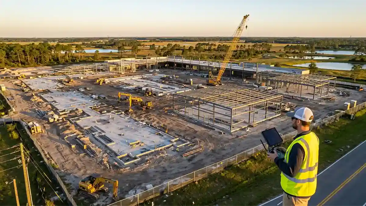 Sprawling commercial construction project visual documenting progress, golden hour aerial visual