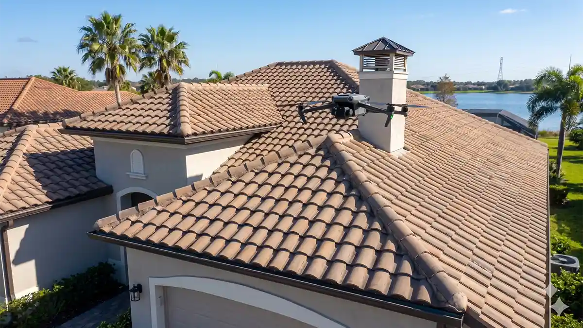 High-end inspection detail visual, barrel-tile roof on modern Florida home with hovered drone
