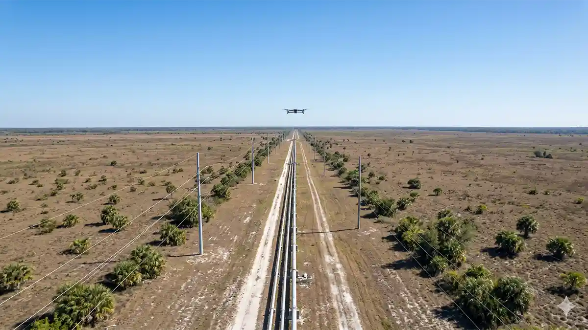 BVLOS rural infrastructure drone visual, single speck far ahead along utility lines in Central Florida terrain