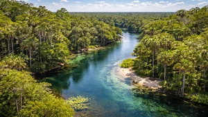 Aerial drone image of Florida forest and river for environmental monitoring