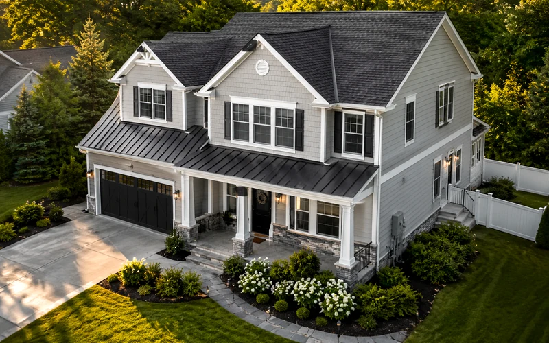 Residential roof and exterior documentation from an elevated angle