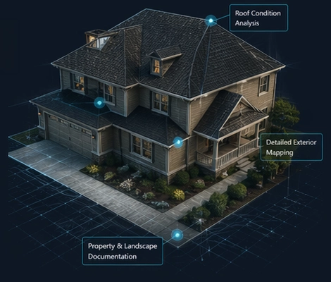 Residential home with roof, exterior, and property documentation callouts