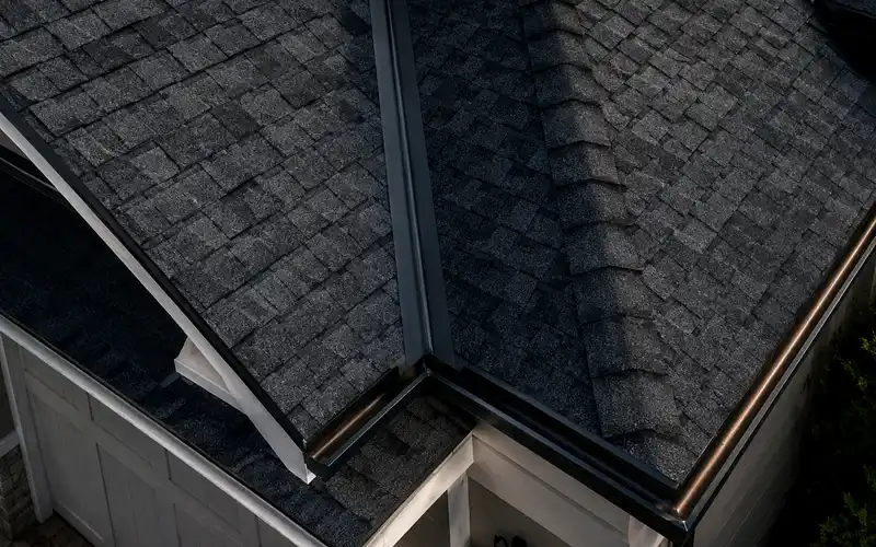 Close-up drone roof documentation showing shingles, roof valley, flashing, and intersecting roof planes