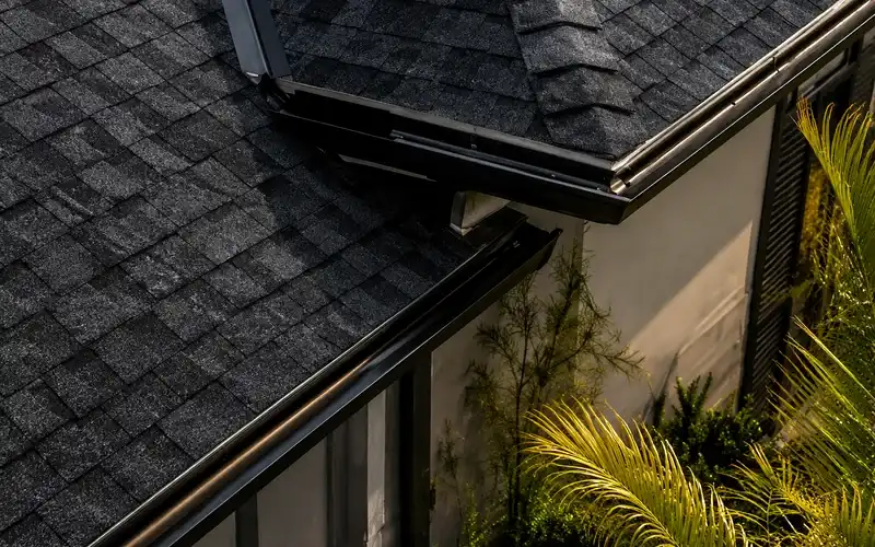 Close-up roof documentation showing gutter line, eave edge, shingles, and landscaping below