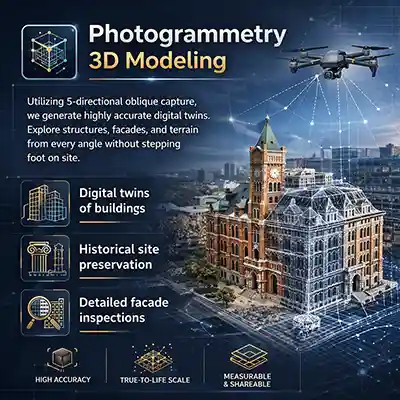 3D visual model of a building and terrain captured from drone imagery