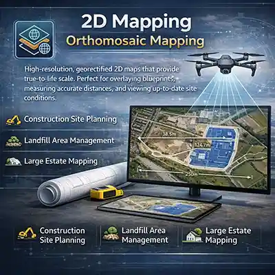 Stitched orthomosaic aerial image of a construction site